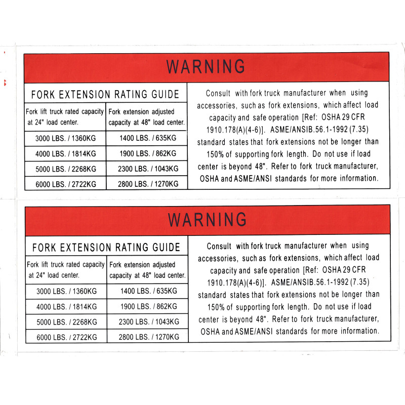 EXT Forklift Extension Safety Labels